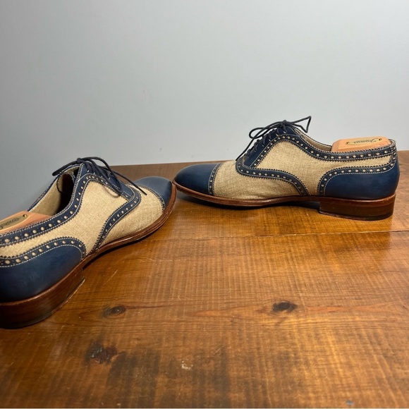 Romano Martegani for Francos handmade brogue oxford blue leather cream linen 9.5 - Picture 9 of 15